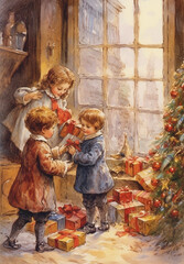 Vintage Christmas card, Ephemera, Victorian Christmas Family, Junk journal, Card set, Antique collage, Retro Christmas cards of 19th century, Christmas family evening