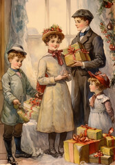 Vintage Christmas card, Ephemera, Victorian Christmas Family, Junk journal, Card set, Antique collage, Retro Christmas cards of 19th century, Christmas family evening