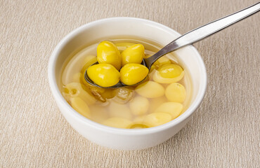High angle view of delicious dessert ginkgo seeds in syrup.