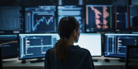 Mujer broker analizando datos en sus ordenadores, analista de datos profesional, gestión de cuentas del mercado de valores - obrazy, fototapety, plakaty