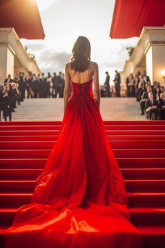 Actriz de espalda en la alfombra roja de los premios del cine, photocall de festival de cine, mujer con vestido rojo en un evento glamouroso, fot&oacute;grafos en la alfombra roja 