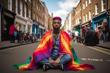 Fiesta Pride, retrato chico con la bandera LGBT, manifestación derechos homosexuales 