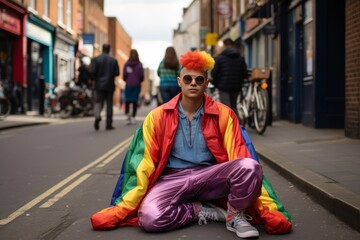 fiesta orgullo gay en la calle, retrato chico joven con la bandera LGBT, manifestación queer  - obrazy, fototapety, plakaty