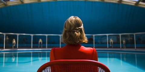 retrato mujer rubia de espalda vestida de rojo observando una piscina azul, fotografia editorial minimalista de moda 