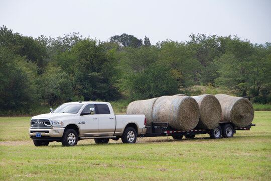 Ram pickup with load of large round bales of hay on a trailer