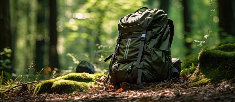 A travel camping backpack or a military hunting bag is resting on the forest floor next to a tree. It represents the concepts of travel, hiking, and camping. empty space available for text.