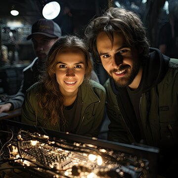 Portrait of Two young Female and Male Engineers Using Laptop, Computer science enviroment, Laboratory, Generative AI