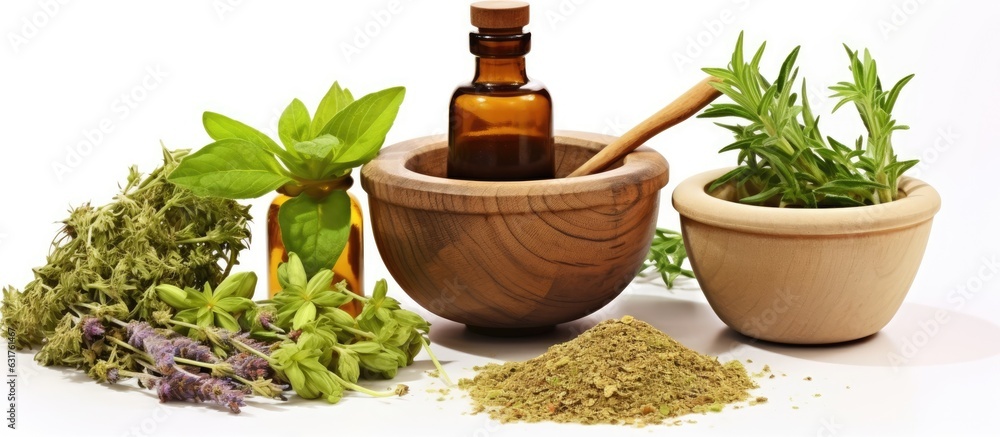 Sticker herbal medicine is represented by a photo showing medicinal herbs being crushed in a mortar and pestle, alongside a bottle of organic essential oil and herbal pills. The white background and top