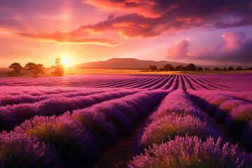 Fototapeta na wymiar Stunning landscape with lavender field at sunset. Nature Background