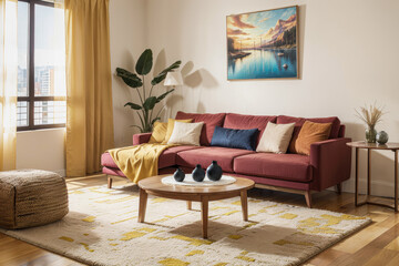 modern apartment, colorful living room with colorful sofa, colorful pillows, cozy rug ,paintings art