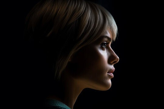 Beautiful serious concentration intelligence woman in darkness with thinking look , Closeup portrait in dark shadow low key, Art, Profile