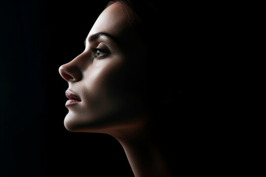 Beautiful serious concentration intelligence woman in darkness with thinking look , Closeup portrait in dark shadow low key, Art, Profile - Powered by Adobe
