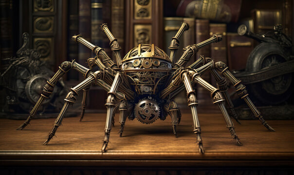 Steampunk spider: bronze gears and metal parts on background of vintage books