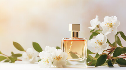 Perfume bottle on a beige background with jasmine flowers