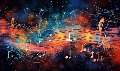 Vibrant musical notes on colorful abstract background