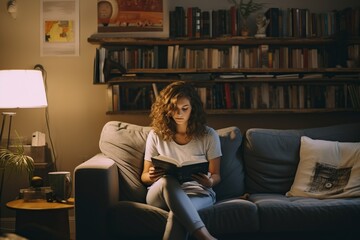 Obraz premium female caucasian teenager reading book in living room