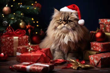 Gato enorme rodeado de regalos de Navidad, Gato disfrazado de Papa Noel junto al árbol de Navidad, felicitación navideña de mascotas 
