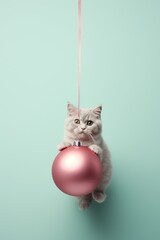 Gato pequeño colgado de una bola de Navidad rosa, divertida imagen de un cachorro jugando con decoración de Navidad, felicitación navideña de mascota