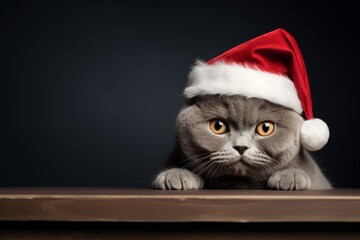 Precioso gato gris con gorro de Papa Noel, Felicitación navideña de mascota disfrazado de Santa Claus, divertida postal para añadir texto