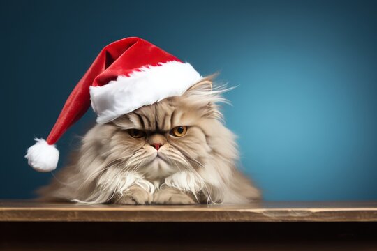Gato enfadado y divertido con gorro de Navidad y fondo azul, felicitación navideña con espacio para texto, invitación fiesta navidad 