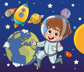 Conquest of space. Space elements. Planet earth, sun and galaxy, spaceship and star, moon and small kids astronaut, vector illustration.