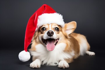 Corgi feliz vestido de Navidad, Perro disfrazado con un gorro rojo celebrando la Navidad, Felicitación navideña de mascota 