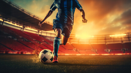Soccer football player in action and motion on sunrise  background  - obrazy, fototapety, plakaty