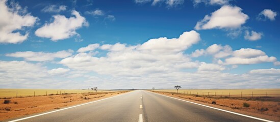 A road trip concept with blank space in the sky. A road in rural Australia with large cloudy skies and open space for text.