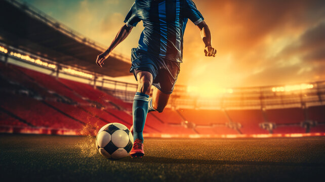 Fototapeta Soccer football player in action and motion on sunrise  background 