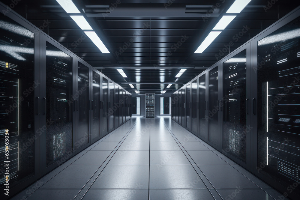 Poster high-tech data center with rows of server racks stretching down a long hallway, ready for efficient 