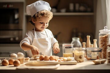 A diligent child cooking food or baking alone and independently, looking happy and content in a beautiful magical kitchen