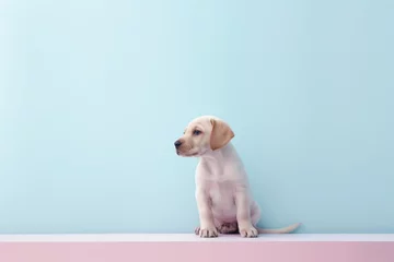 Fotobehang retrato minimalista cachorro de perro con fondo neutro, perro esperando con fondo azul y rosa, invitación fiesta de cumpleaños con mascotas  © Loktor