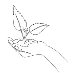 Hand holds a young sprout that grows in the ground, growing young plant, continuous line drawing, concept vector illustration