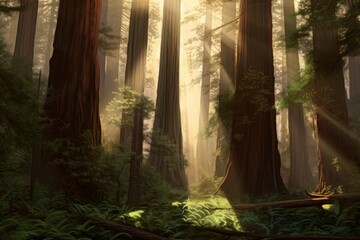 Redwood forest trees sun. Generate Ai