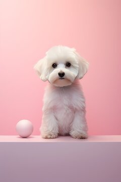 Precioso bichón maltes sobre fondo rosa, retrato perro pequeño jugando con un pelota, retrato minimalista mascota 