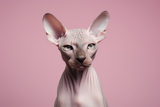Retrato minimalista de gato egipcio con fondo rosa, gato sphynx aislado 