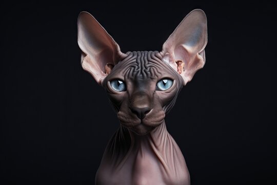Precioso retrato minimalista gato sphynx con fondo negro, close-up espectacular de un gato egipcio 