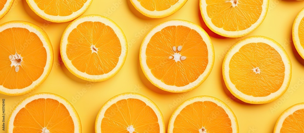 Poster creative summer concept with a fruit pattern of fresh orange slices on a yellow background. The top view provides a minimal flat lay style with half of a citrus fruit in the center. The design is