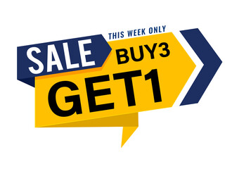 Buy 3 Get 1 Free, sale tag, banner design template, discount app icon