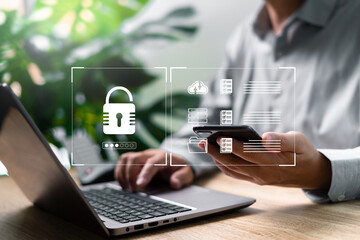Cybersecurity of personal data protection concept, Businessman use smartphone and security...
