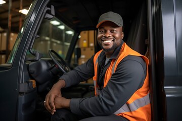 happy trucker in his delivery and moving container