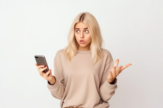 Confused blond woman shrugging with mobile phone, cant understand smth on smartphone, standing puzzled over white background