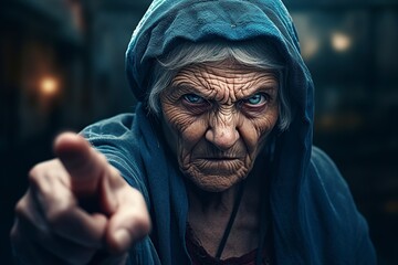 veiled old woman with defiant blue eyes