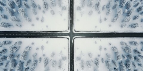 Drone view cruce de carreteras en mitad de un bosque totalmente nevado, nieve en el bosque en invierno