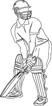 The Perfect Cricket Stance: Outline Sketch of a Batsman's Technique, Batting Mastery: Cartoon Illustration of Stylish Cricket Batsman Pose