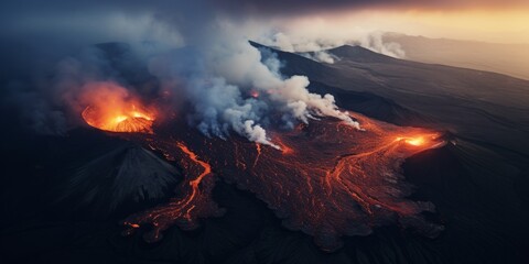 drone view erupción volcán, naturaleza salvaje humo saliendo de las montañas, magma cayendo por la ladera del volcán, ríos de lava  - obrazy, fototapety, plakaty