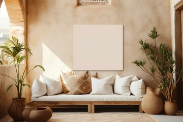 Mockup frame in nomadic boho style interior background with rustic decor. generative AI