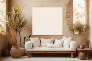 Mockup frame in nomadic boho style interior background with rustic decor. generative AI