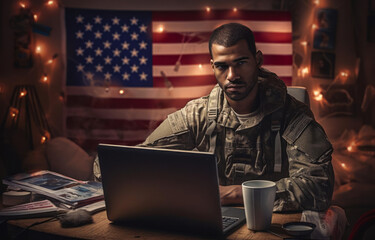An illustration of a serious soldier using a laptop computer on the modern frontline or a world war. Hard work, dedication and sacrifice for country. A coffee cup sits beside the soldier. Memorial Day