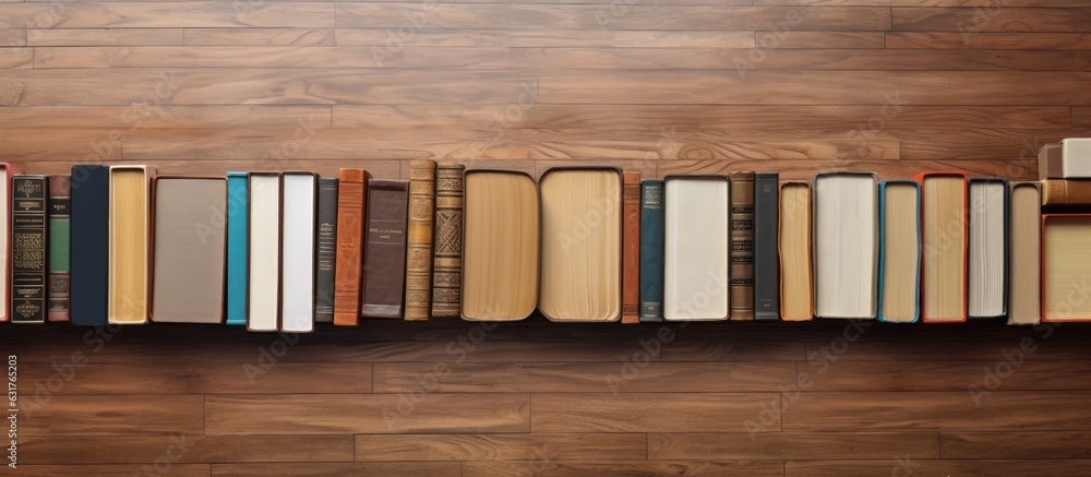 Poster different books are arranged on a wooden floor, with a brown wood parquet background. empty space av